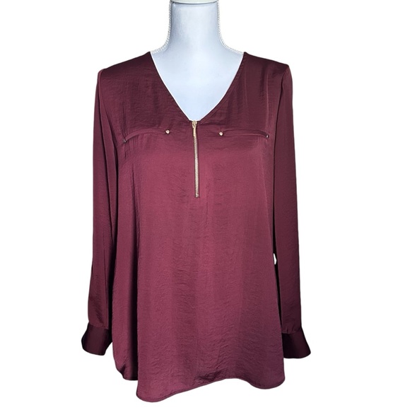 APT 9 V Neck Long Sleeve Blouse, Maroon, Size Medium - Picture 2 of 11